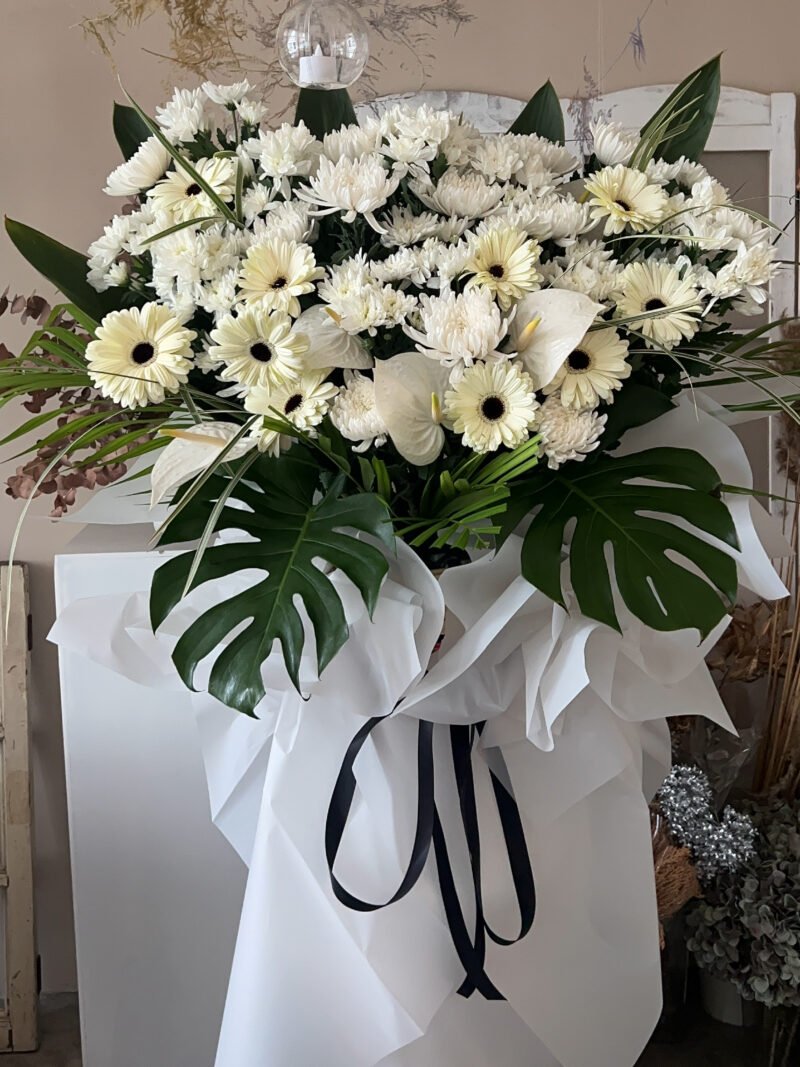 Peaceful White – White Condolence Flower Stand – alternate view