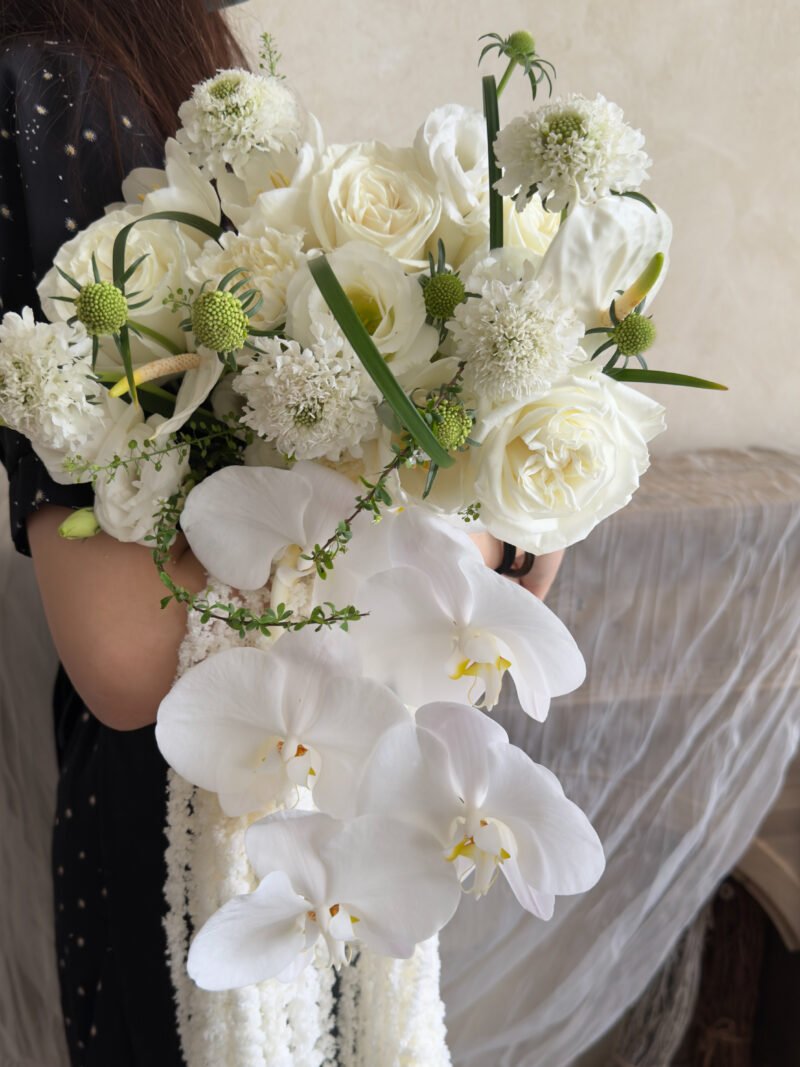 Evergreen Whisper – White Cascading Bridal Bouquet – alternate view