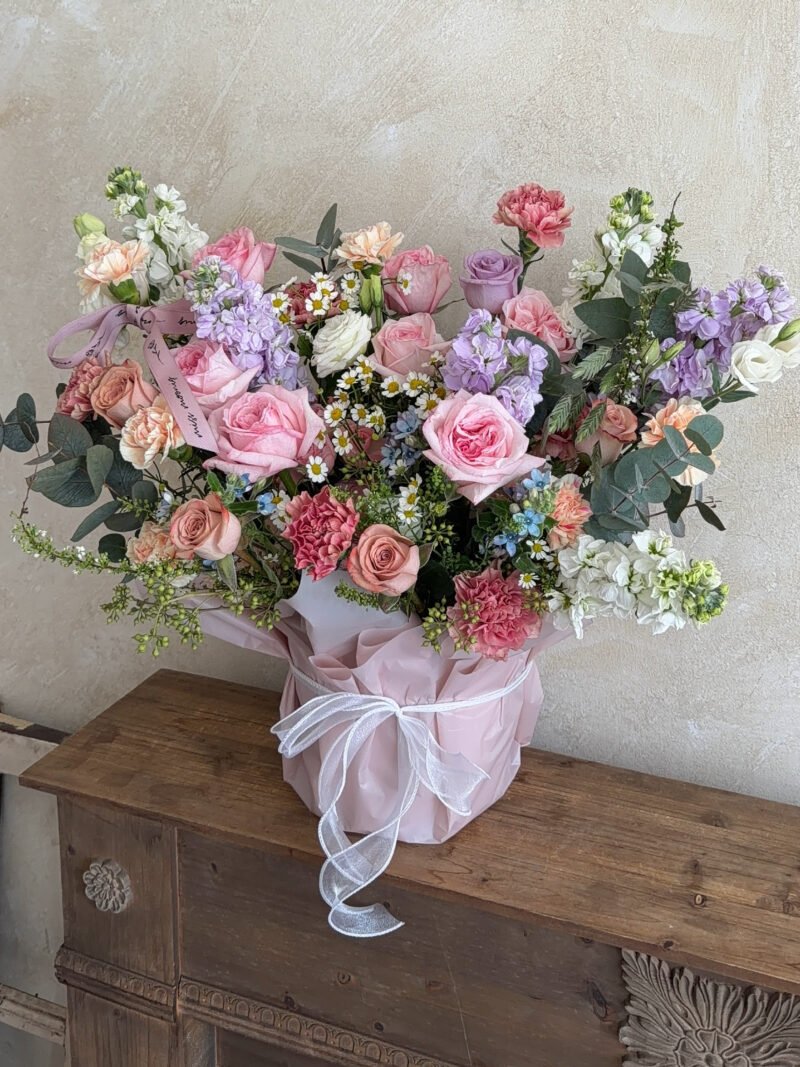Front view of Petal Dreams pink garden-style flower box