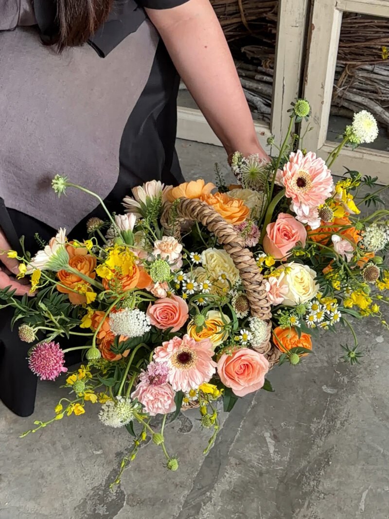 Rosy Sunset – Orange Garden-Style Flower Basket – alternate view