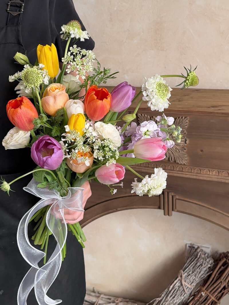 Spring Tulips colourful bridal bouquet with pink, orange, yellow and purple tulips